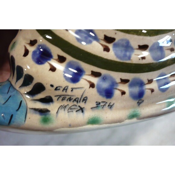 Vtg Tonala Mexico Snail Pottery Hand Painted Signed Planter Sponge Keeper Blue - Picture 2 of 16